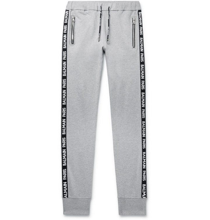 Photo: Balmain - Slim-Fit Tapered Logo-Jacquard Loopback Cotton-Blend Jersey Sweatpants - Gray