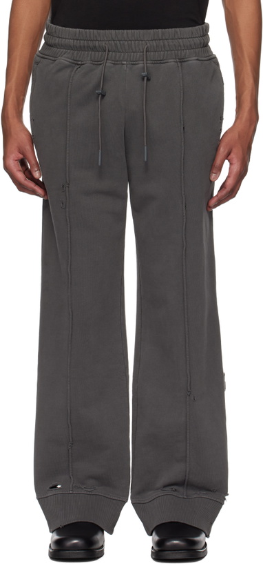 Photo: C2H4 Gray Staff Uniform Asymmetric Agitator Distressed Sweatpants