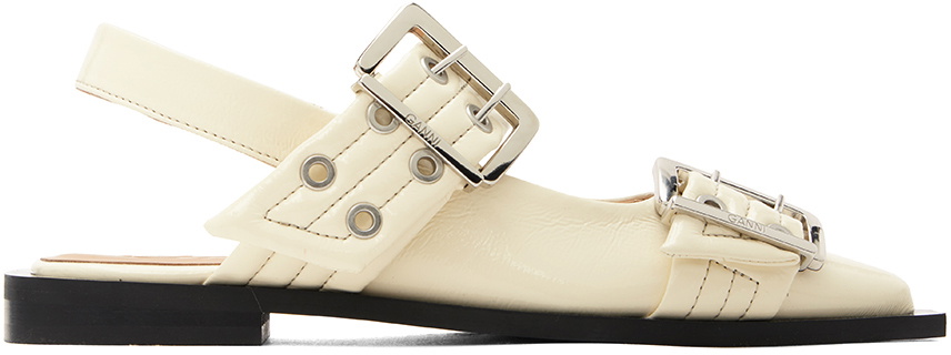 GANNI White Wide Welt Buckle Ballerina Flats