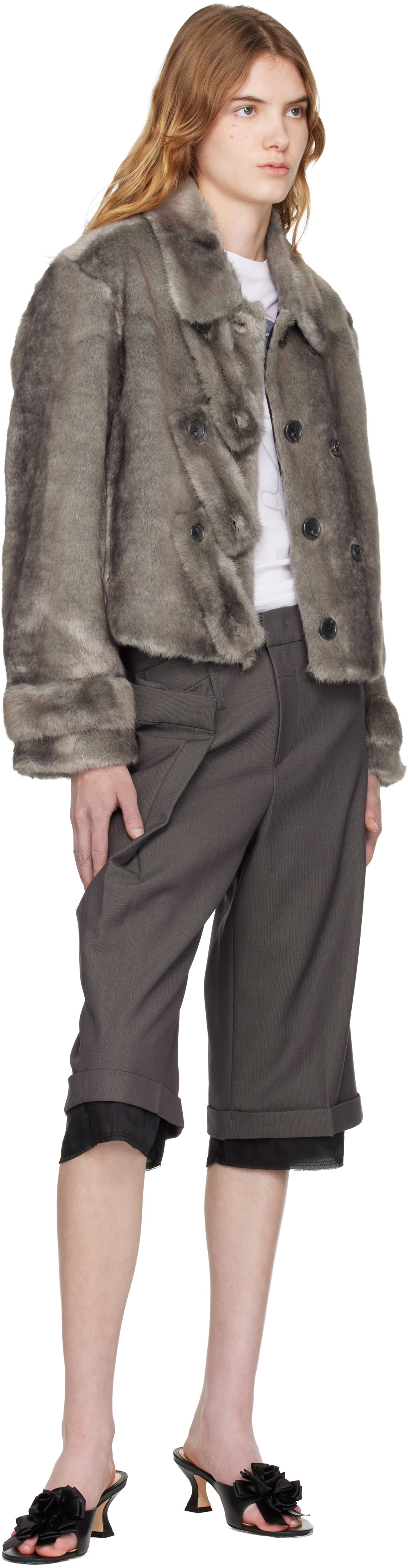 OPEN YY Gray Faux Fur Tab Toggle Jacket