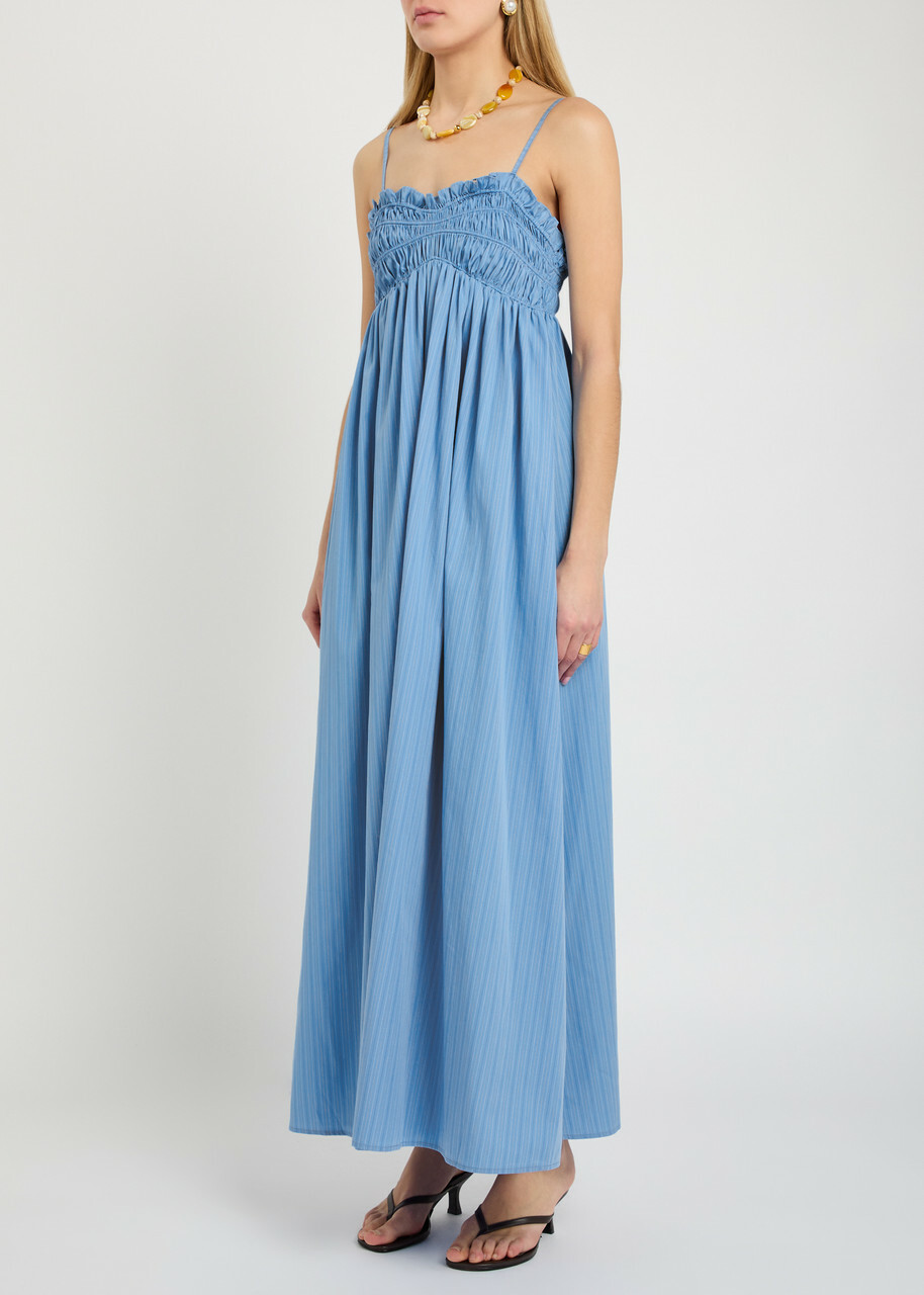 Faithfull The Brand Presa Pinstriped Cotton Maxi Dress Blue