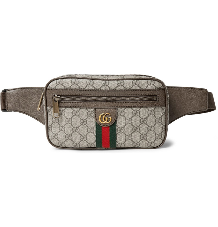 Photo: Gucci - Leather-Trimmed Monogrammed Coated-Canvas Belt Bag - Brown