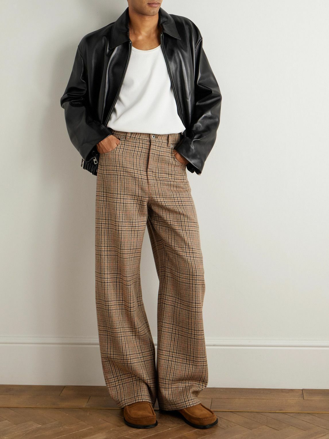 LOEWE - Leather-Trimmed Prince of Wales Checked Wool Trousers - Neutrals
