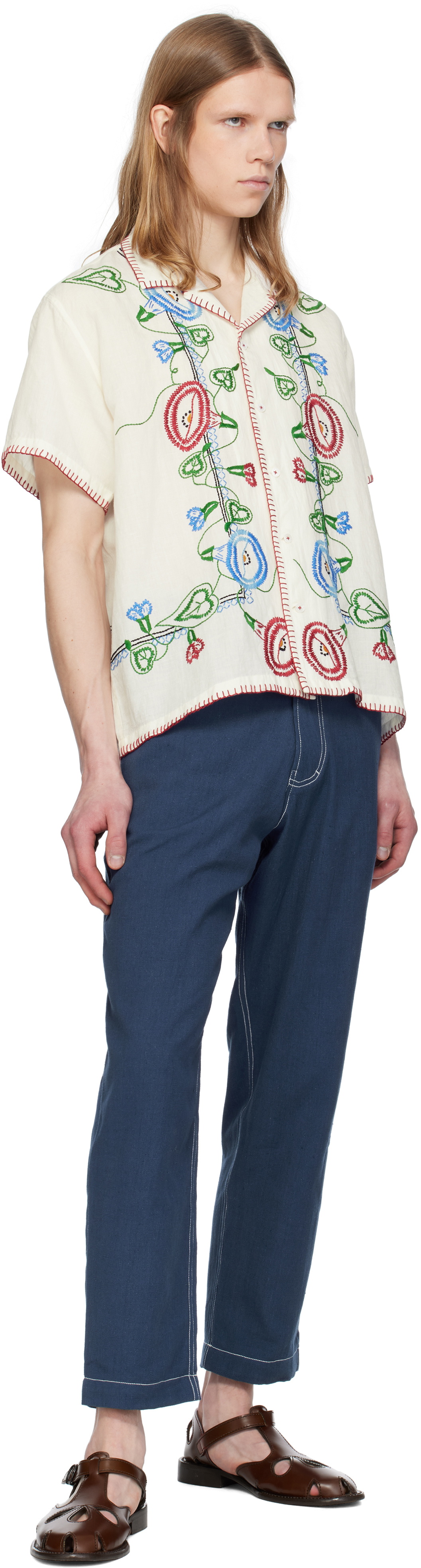 HARAGO White Embroidered Linen Shirt