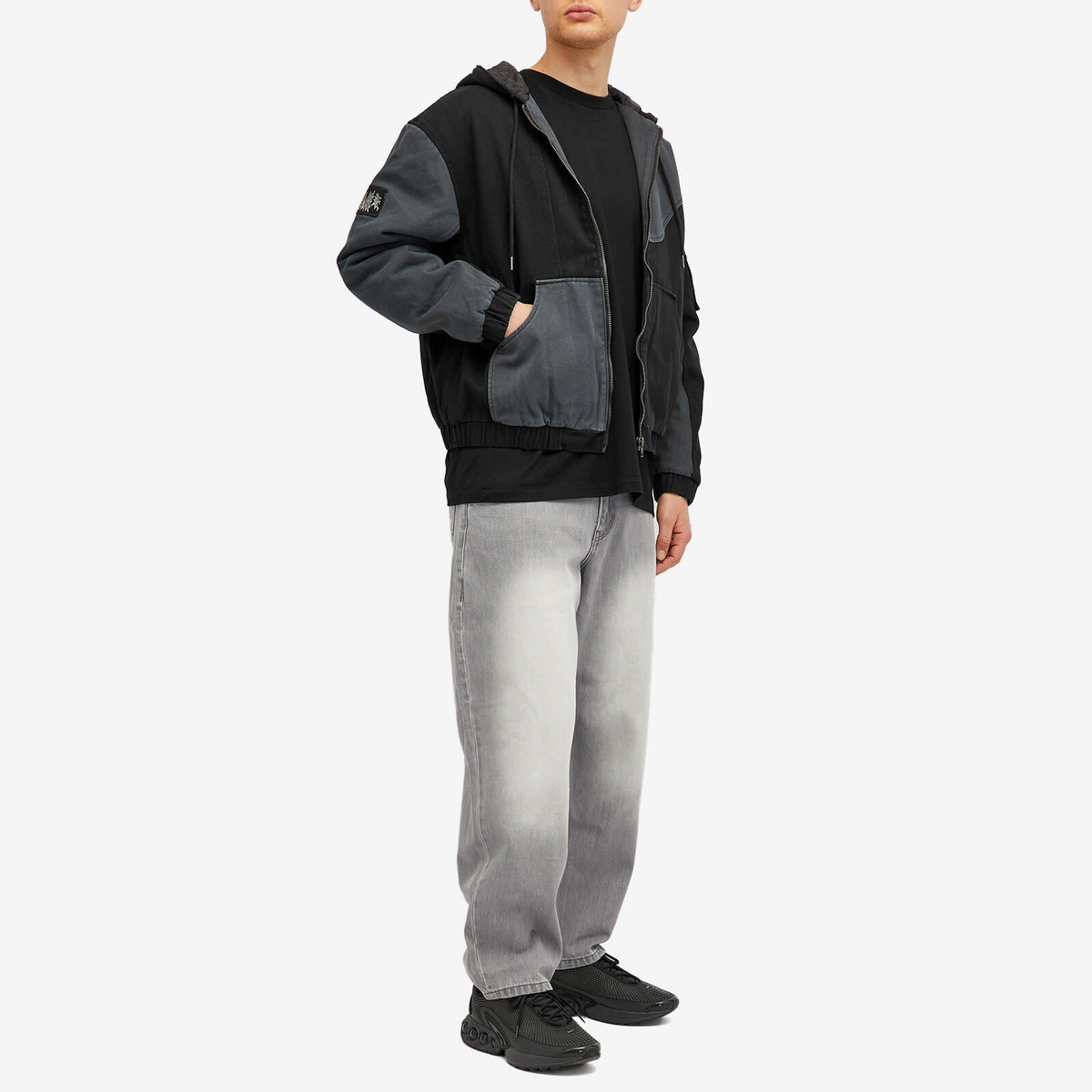 Dime Men's Denim Panel Hooded Bomber Jacket in Charcoal Dime