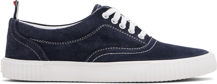 Photo: Thom Browne Navy Calf Suede Heritage Sneakers