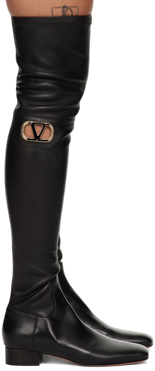 ロングブーツ VALENTINO GARAVANI Black Leather And Rubber Vlogo Boots Valentino Garavani Leather Knee High Boots with V Logo