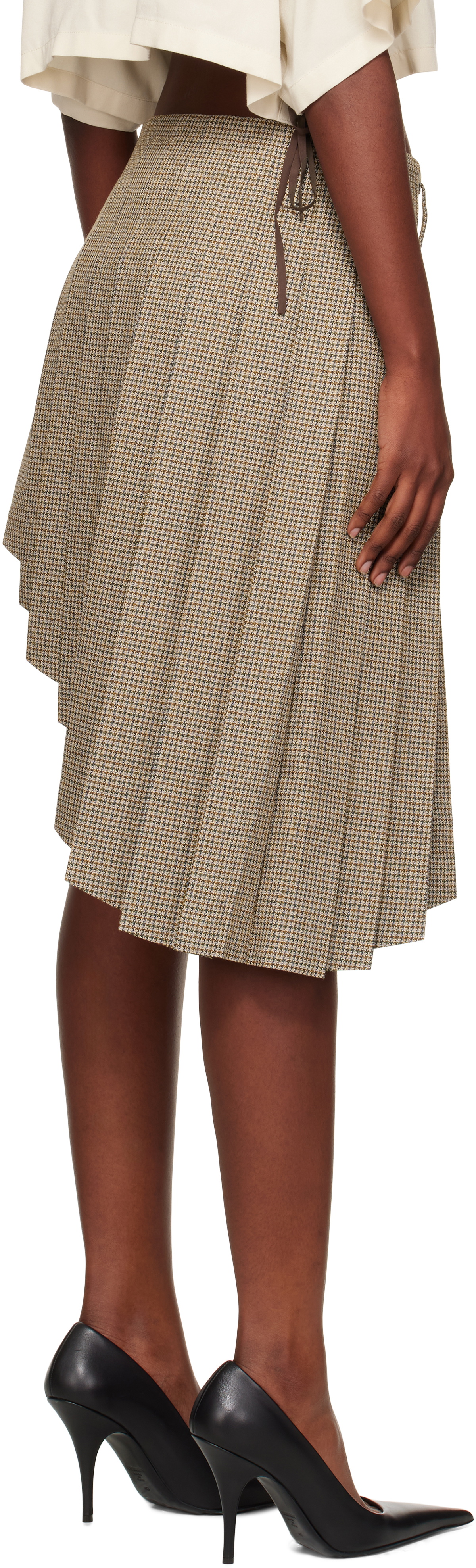 We11done Beige Asymmetric Checked Midi Skirt