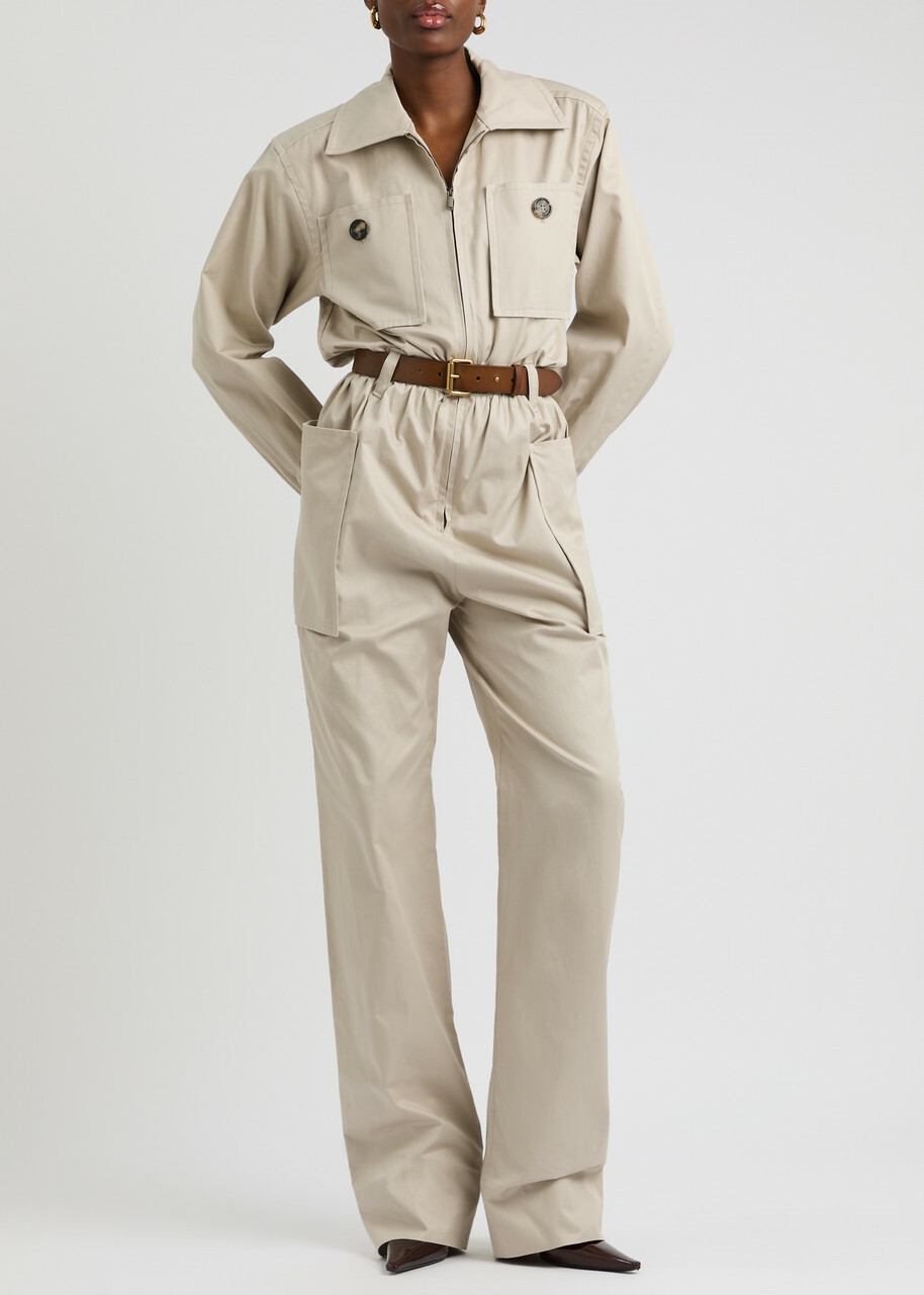 Saint Laurent Belted Cotton Jumpsuit Beige