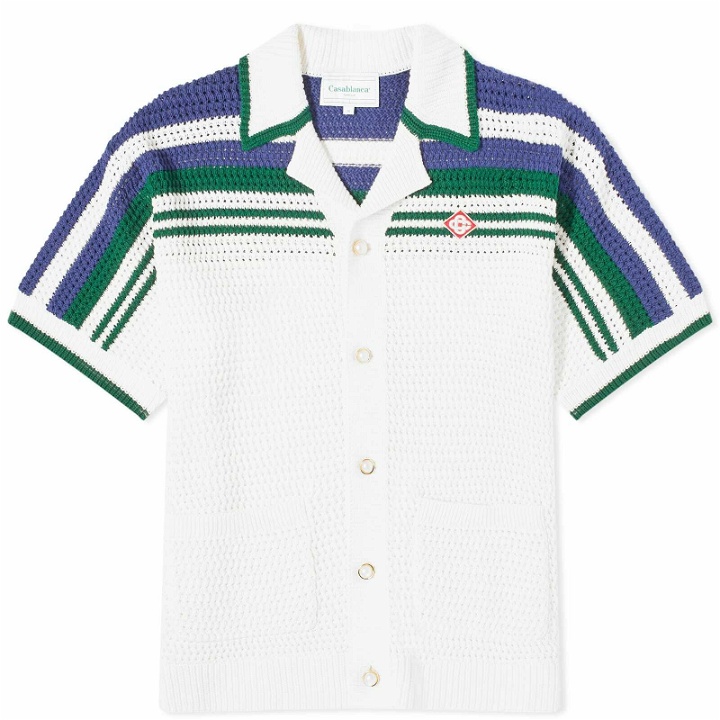 Photo: Casablanca Men's Crochet Tennis Shirt in White/Green