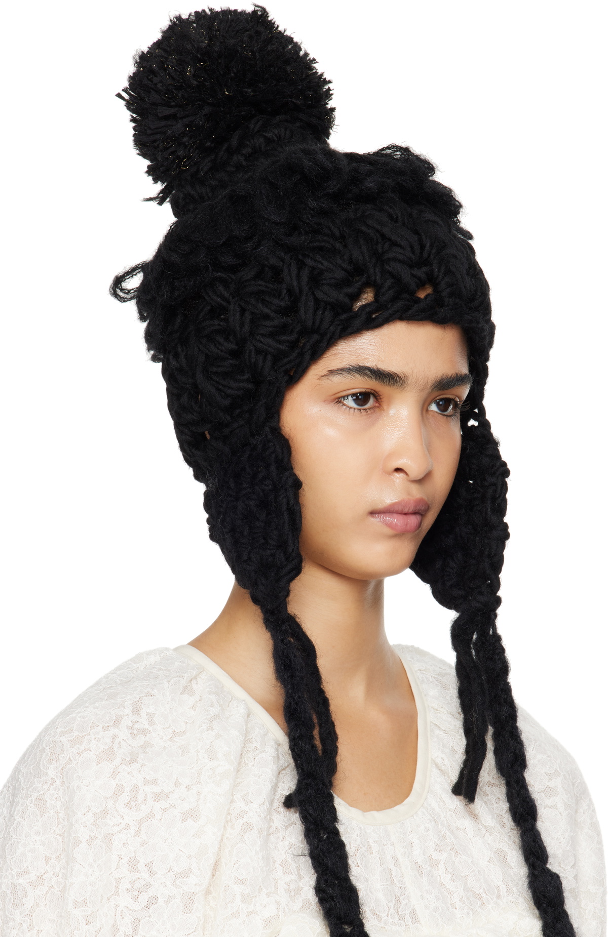 Tao Comme Des Garçons Black Wool Mix Crochet Beanie