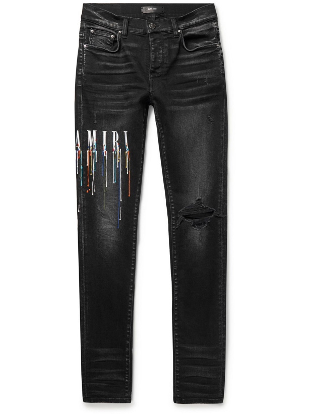 Photo: AMIRI - Skinny-Fit Logo-Embroidered Distressed Jeans - Black
