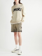 AMIRI - Distressed Logo-Intarsia Cotton and Cashmere-Blend Sweater - Neutrals