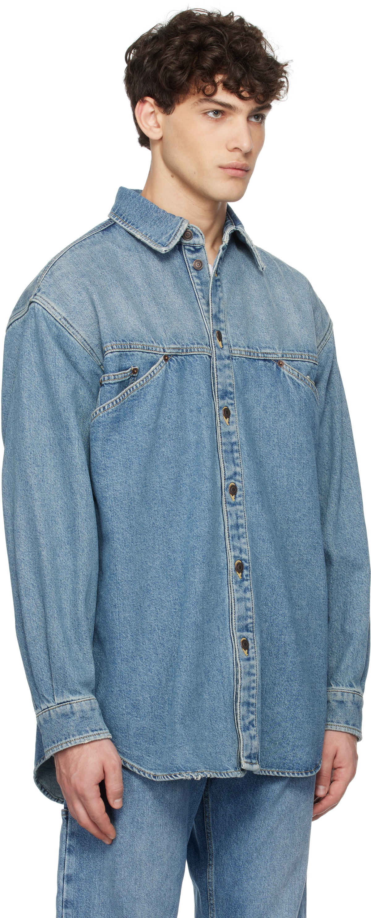 Moschino Blue Laurel Crown Emblem Denim Shirt