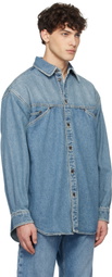 Moschino Blue Laurel Crown Emblem Denim Shirt