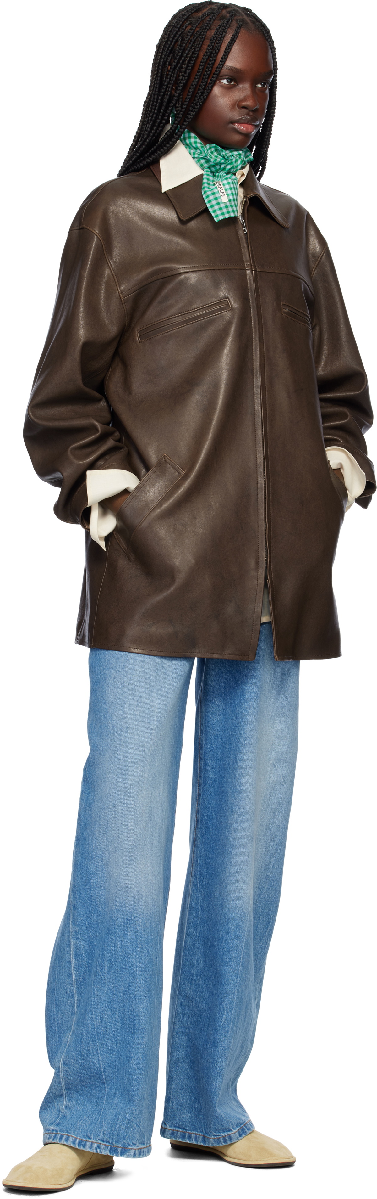 AURALEE Green Airy Light Cotton Check Scarf Auralee