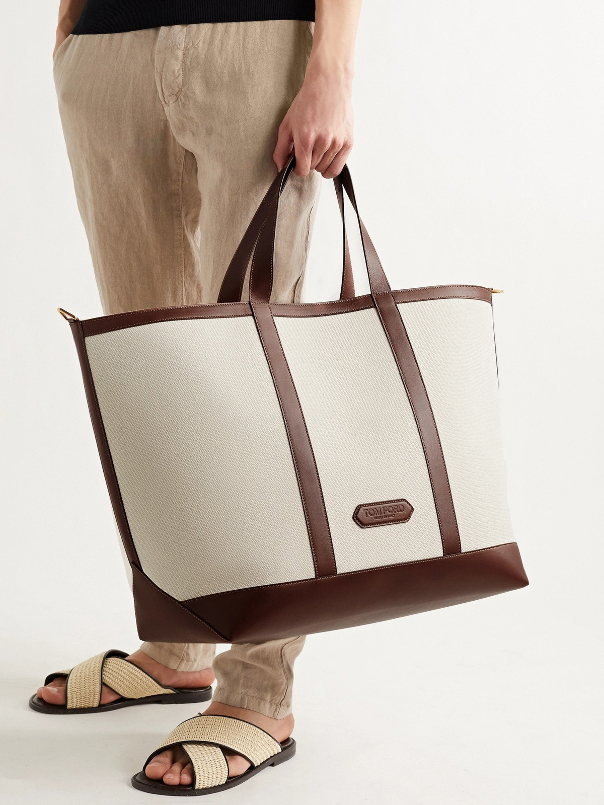 TOM FORD - Leather-Trimmed Canvas Tote Bag - Neutrals TOM FORD
