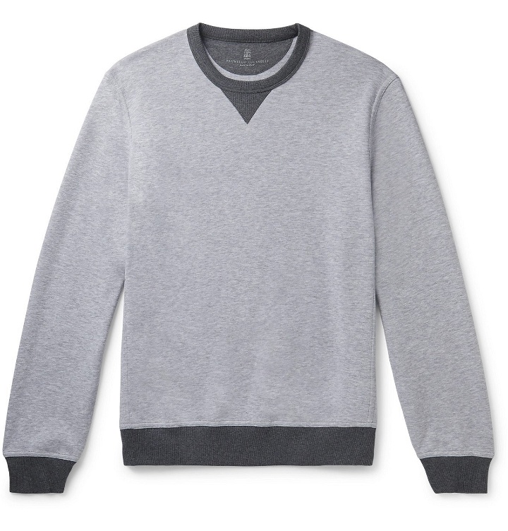 Photo: Brunello Cucinelli - Contrast-Tipped Mélange Cotton-Blend Jersey Sweatshirt - Gray
