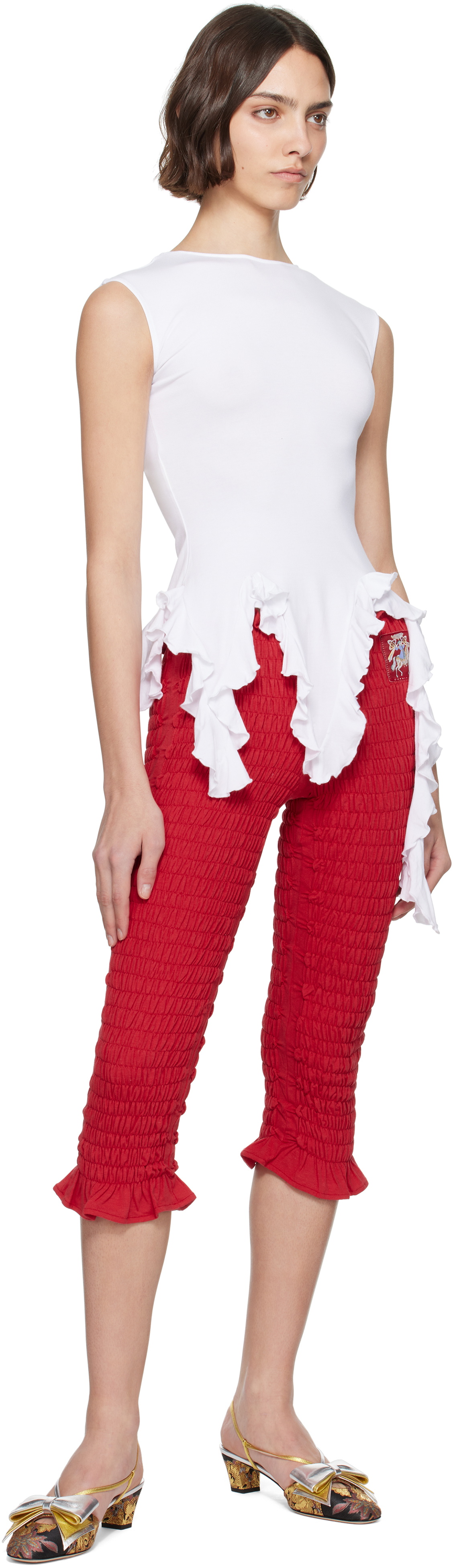 Conner Ives Red Shirred Capri Trousers