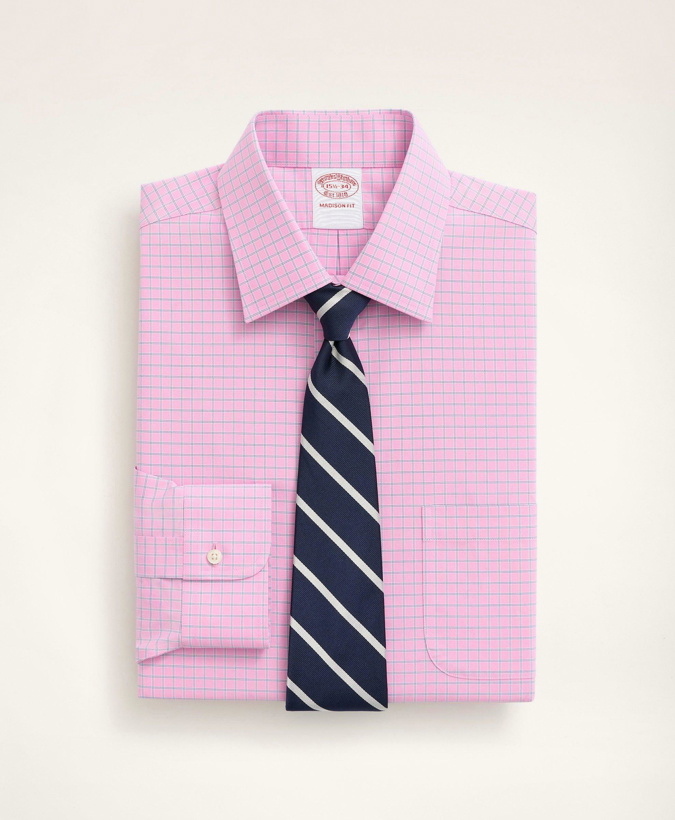 Photo: Brooks Brothers Men's Stretch Madison Relaxed-Fit Dress Shirt, Non-Iron Poplin Ainsley Collar Check | Pink