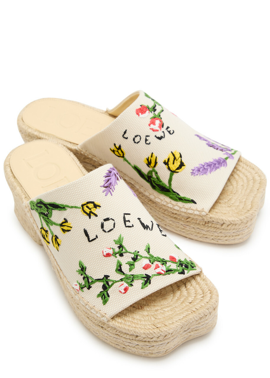 Loewe Petal 80 Espadrille Embroidered Canvas Slides Beige