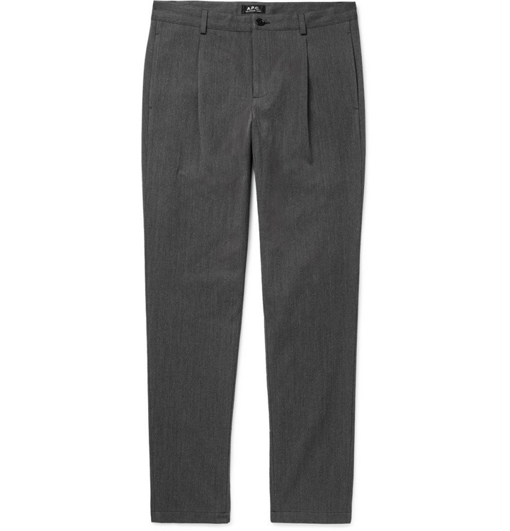 Photo: A.P.C. - Florian Tapered Pleated Herringbone Cotton and Wool-Blend Trousers - Men - Gray