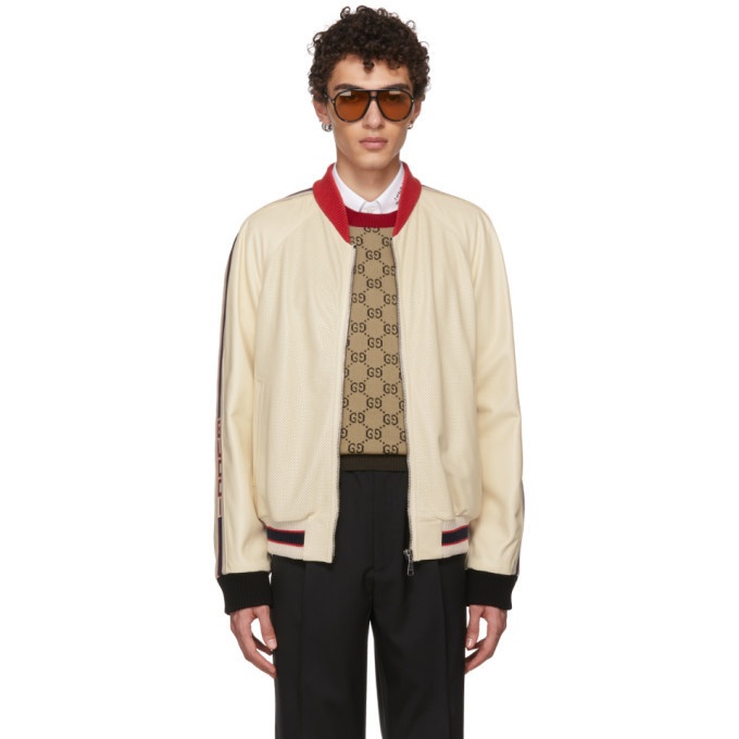 Gucci White Perforated Leather Bomber Jacket Gucci