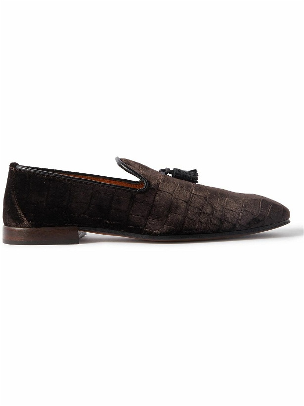 Photo: TOM FORD - Bailey Tasselled Leather-Trimmed Croc-Effect Velvet Loafers - Brown