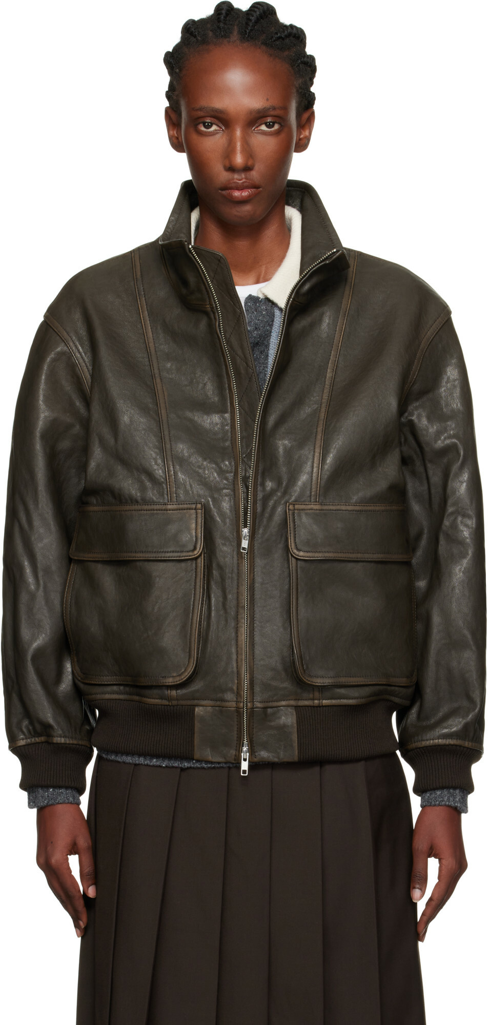 Dunst Brown Stand Collared Leather Jacket