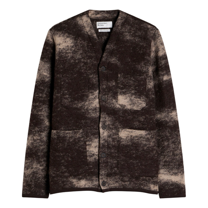 Photo: Universal Works Men's Cloud Camo Knit Cardigan in Brown