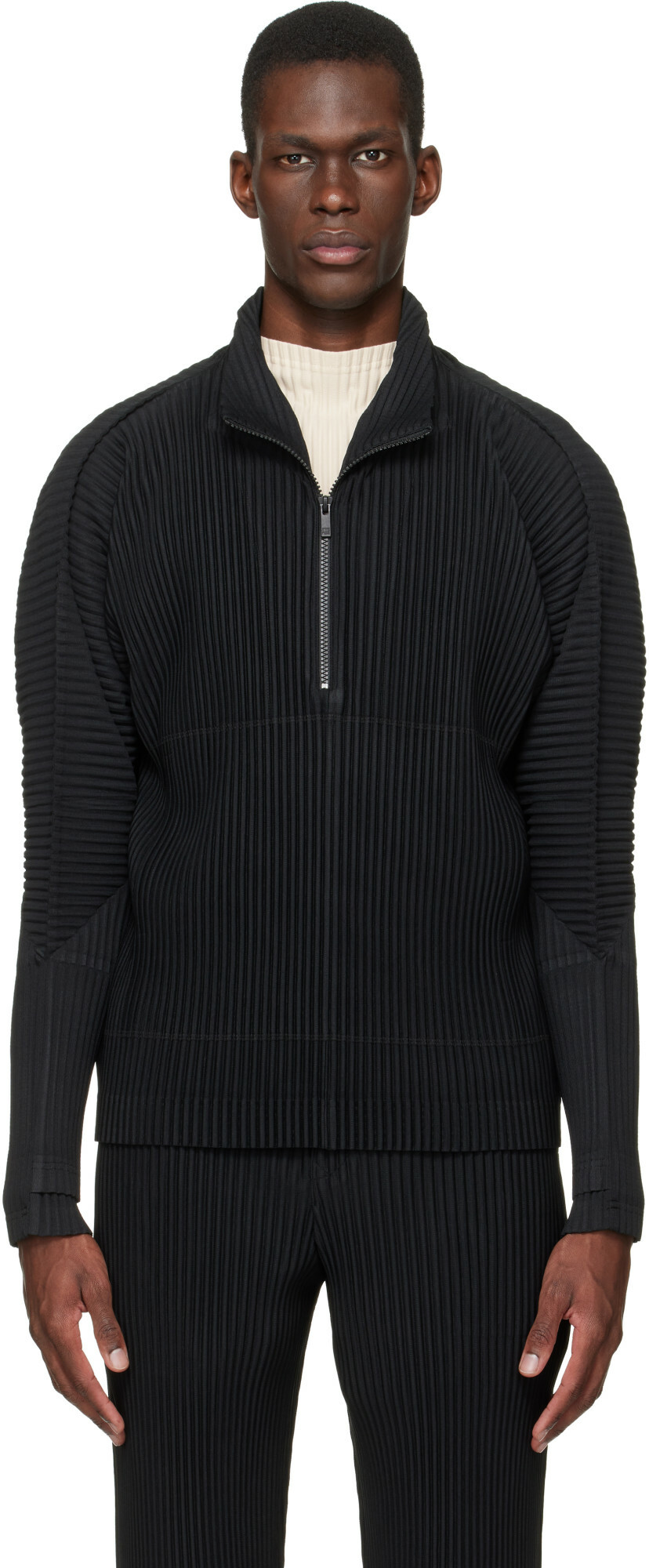 Homme Plisse Issey Miyake Black Pleated Half-Zip Pullover Homme