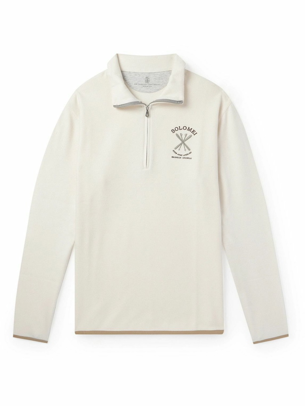 Photo: Brunello Cucinelli - Logo-Embroidered Fleece Half-Zip Sweatshirt - Neutrals