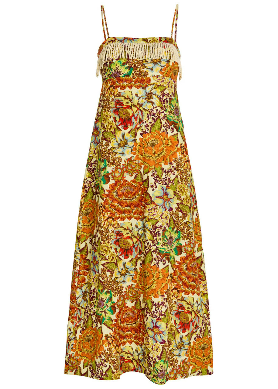 Alemais Lana Floral-print Fringed Linen Midi Dress Multicoloured