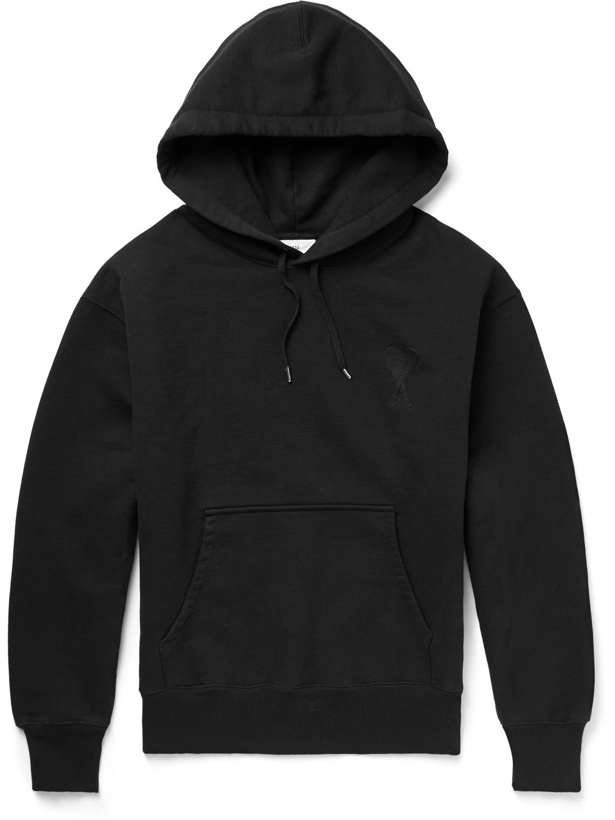 Photo: AMI PARIS - Logo-Embroidered Organic Cotton-Jersey Hoodie - Black