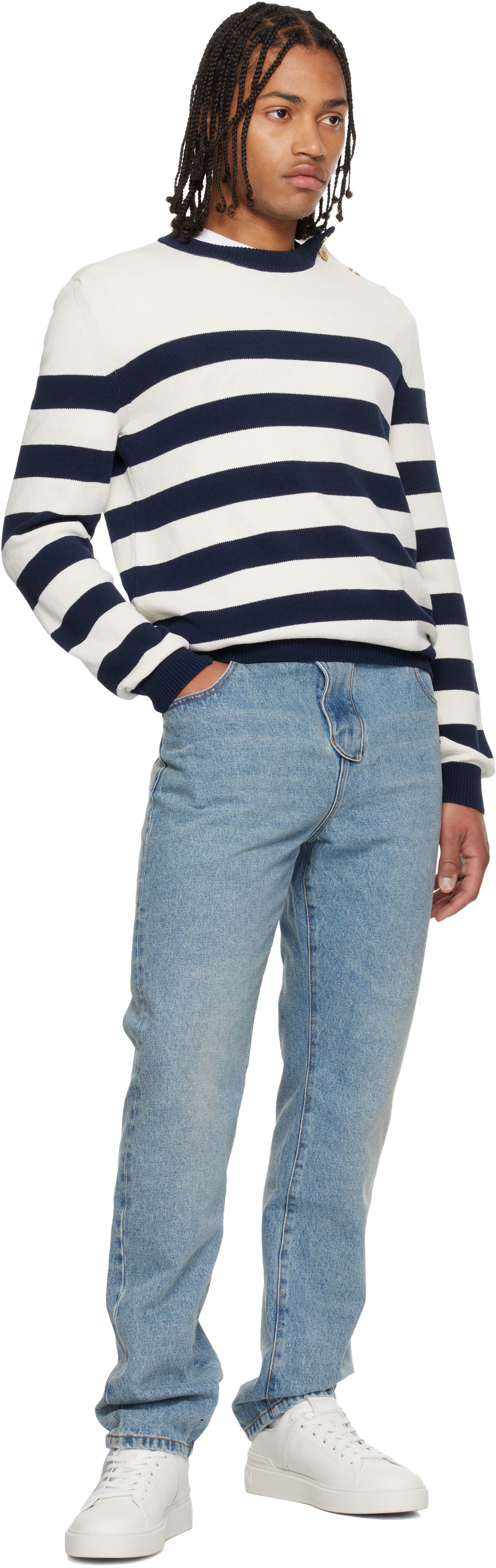 Balmain White & Navy Buttoned Marinière Knit Sweater