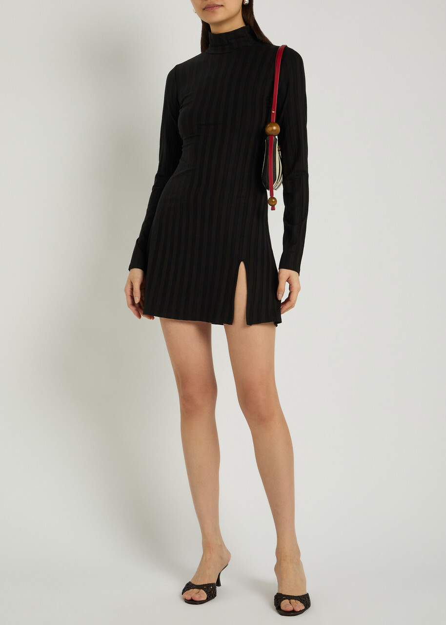 Reformation Libra Subtle-stripe Stretch-jersey Mini Dress Black