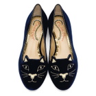 Charlotte Olympia Navy Velvet Kitty Flats