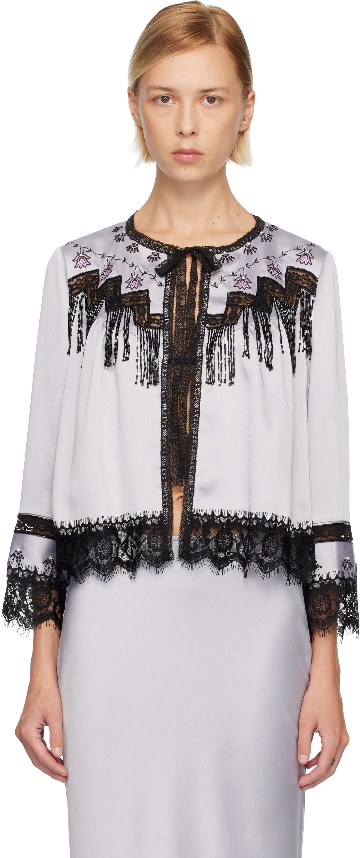 Anna Sui Silver Boudoir Satin Beaded Fringe Bed Cardigan