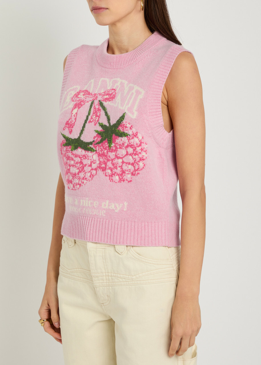 Ganni Logo-intarsia Wool-blend Vest Pink