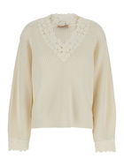 TwinSet White Embroidered Sweater With V-neck In Wool Blend Woman