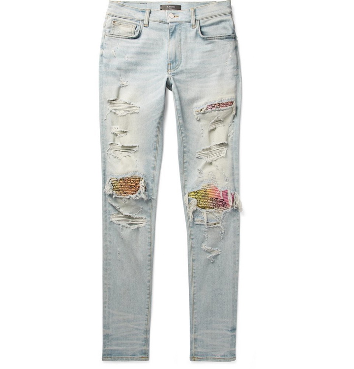 Photo: AMIRI - MX1 Skinny-Fit Panelled Distressed Stretch-Denim Jeans - Men - Light blue