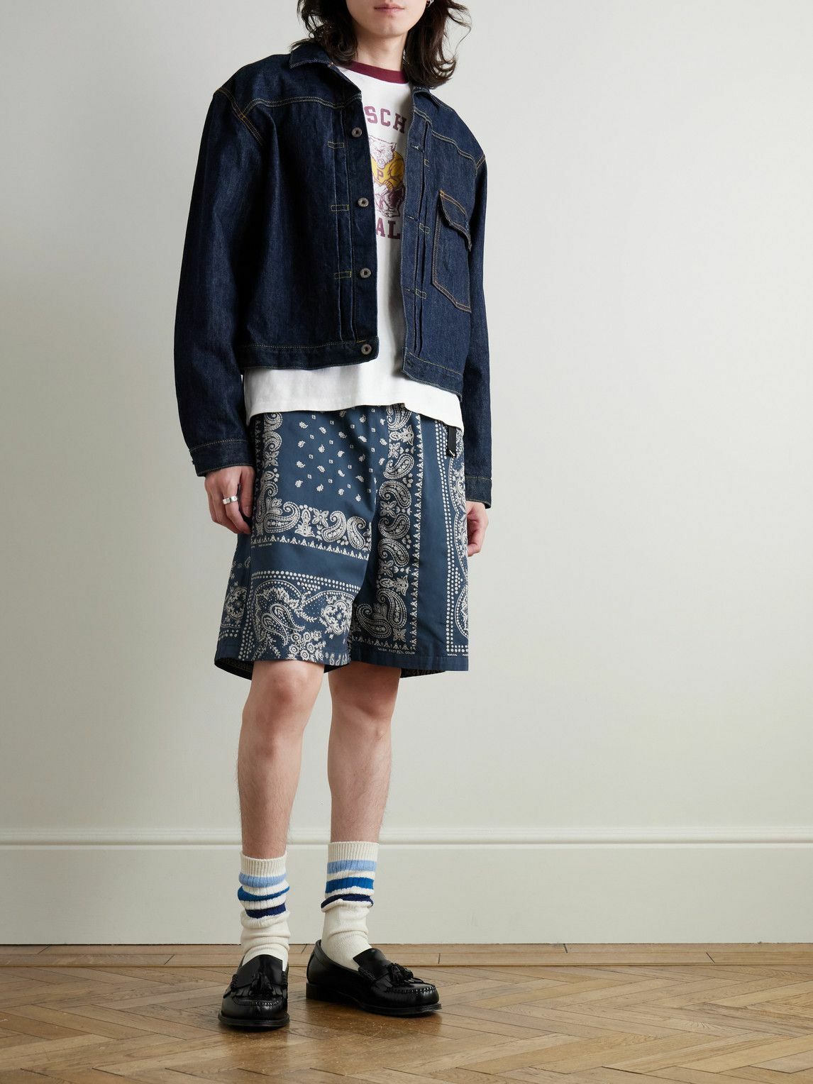 KAPITAL - Straight-Leg Belted Bandana-Print Patchwork Cotton-Twill Shorts - Blue