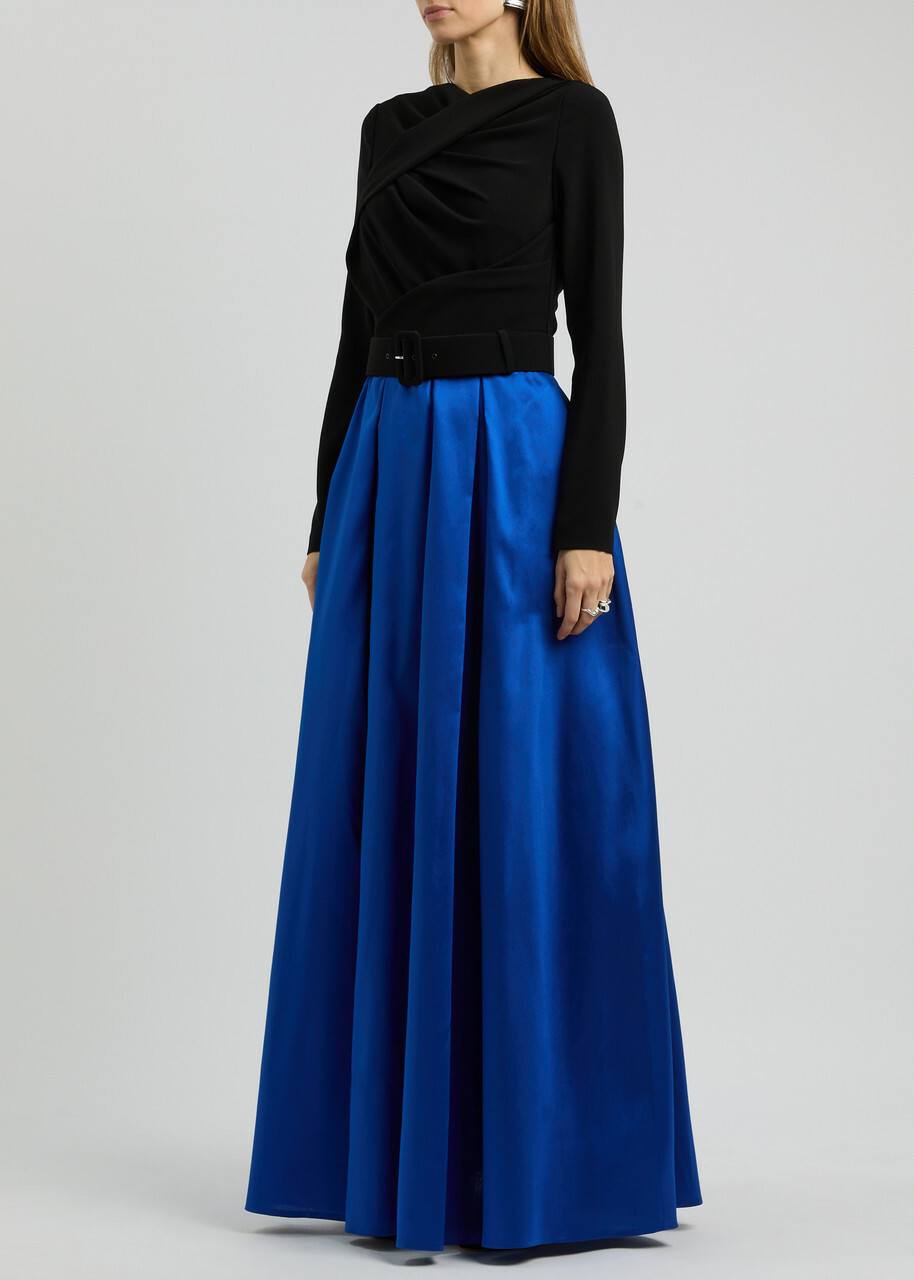 Talbot Runhof Colour-blocked Satin and Woven Maxi Dress Blue