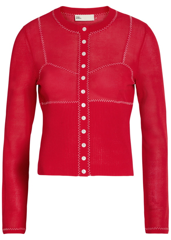 Photo: Tory Burch Embroidered Fine-knit Cardigan Red And White