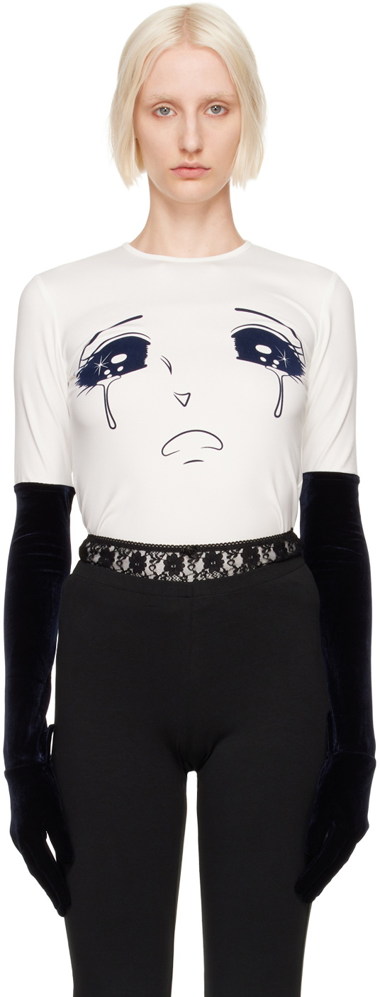 Pushbutton White Velvet Glove Crying Girl Long Sleeve T-Shirt