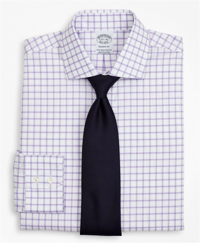 Photo: Brooks Brothers Men's Stretch Regent Regular-Fit Dress Shirt, Non-Iron Twill English Collar Grid Check | Lavender
