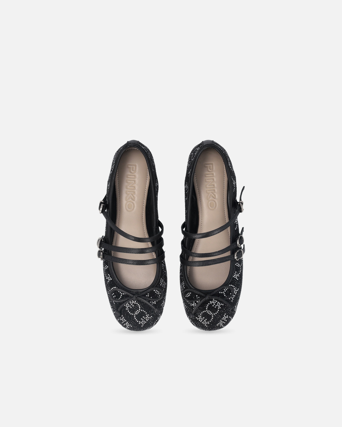 Pinko Monogram Ballet Flats With Rhinestones And Bow At The Toe Limo Black