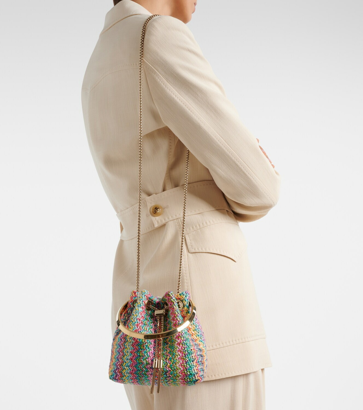 Jimmy Choo Bon Bon Small raffia-effect bucket bag