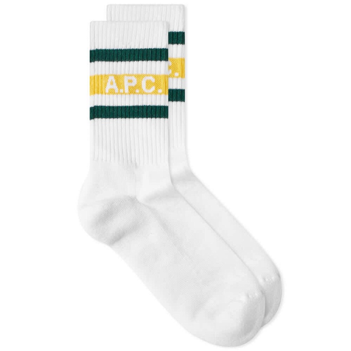 Photo: A.P.C. Men's Forrest Logo Stripe Socks in White/Yellow