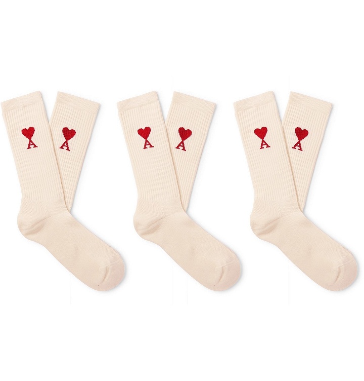 Photo: AMI - Three-Pack Logo-Intarsia Cotton-Blend Socks - Neutrals